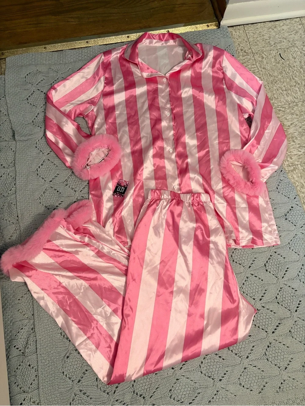 Pink Satin Stripe Pajama Set with Feathered Cuffs - Picture 6 of 6